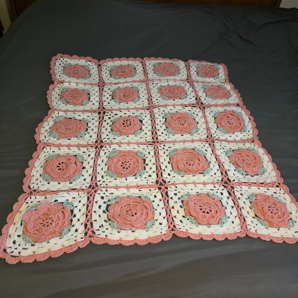 Vintage Handmade Crochet Granny Square Blanket Rose Pink White 50x40 cottagecore